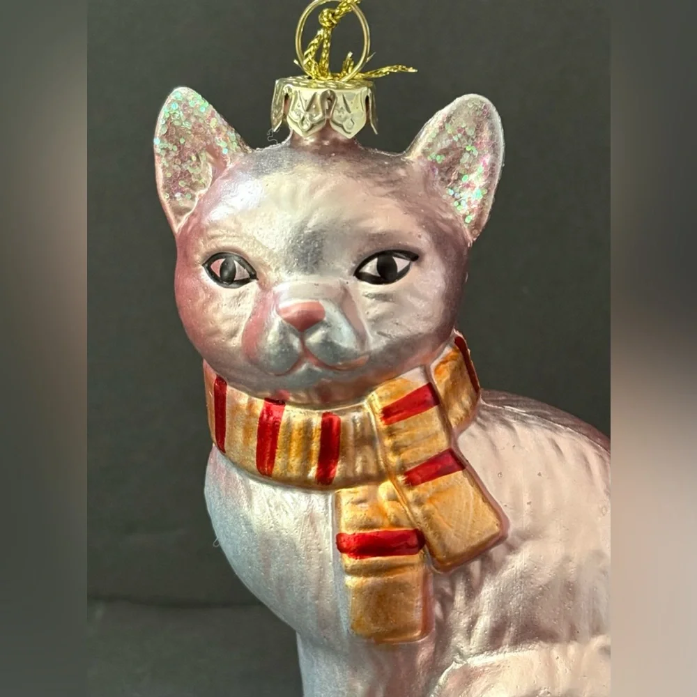 Elegant Pink Iridescent Feline Cat Striped Scarf Blown Glass Ornament Home Decor